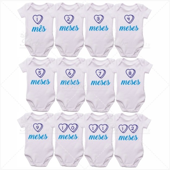 Kit Body Bebê Mesversário com 12 peças Coração Azul